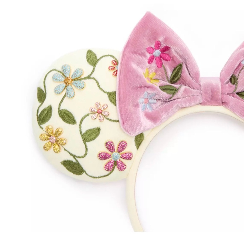 BaubleBar Pink Velvet Bow Floral Embroidered Mouse Ear Headband - Picture 3 of 3